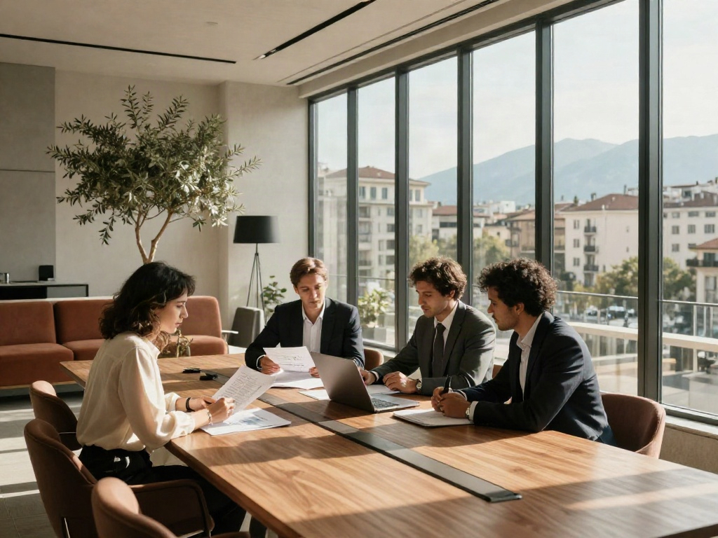 Consultants reviewing business strategy around a sunlit boardroom table