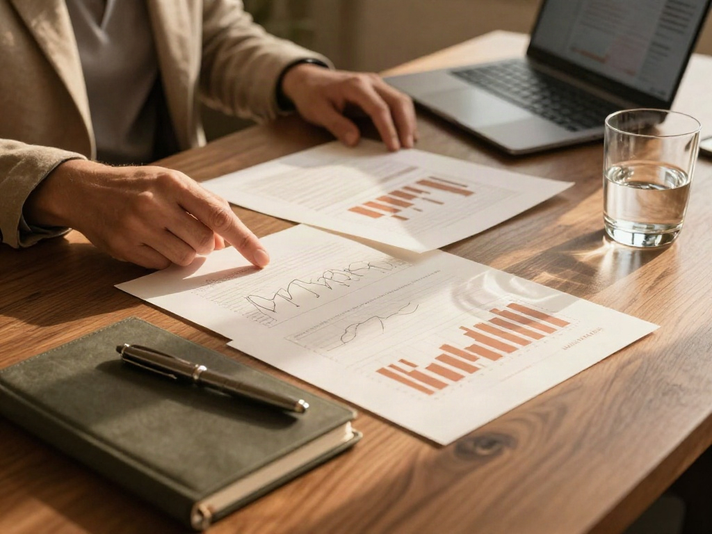 A consultant's workspace with a business performance report, notebook and laptop